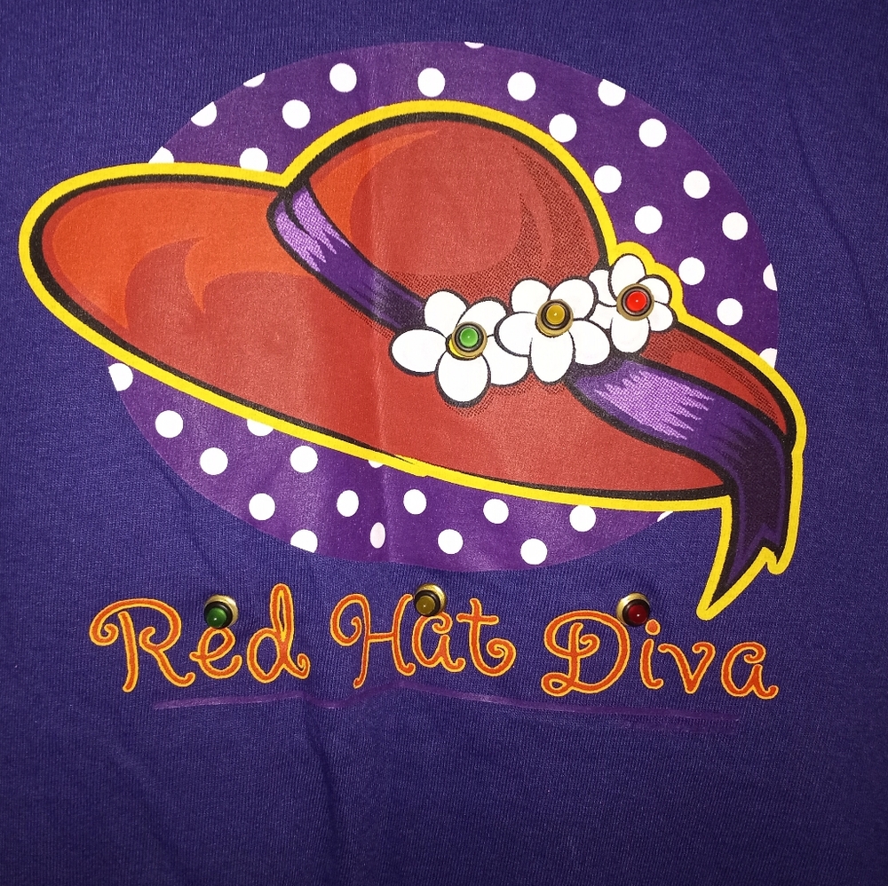 Light Up/ Flash Red Hat Diva Short Sleeve Tee - Purple with Red Hat Graphic